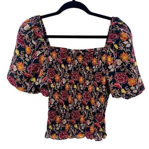 MELLODAY Floral Romantic Cottagecore Shirred Bodice Puff Sleeve Crop Top Size L